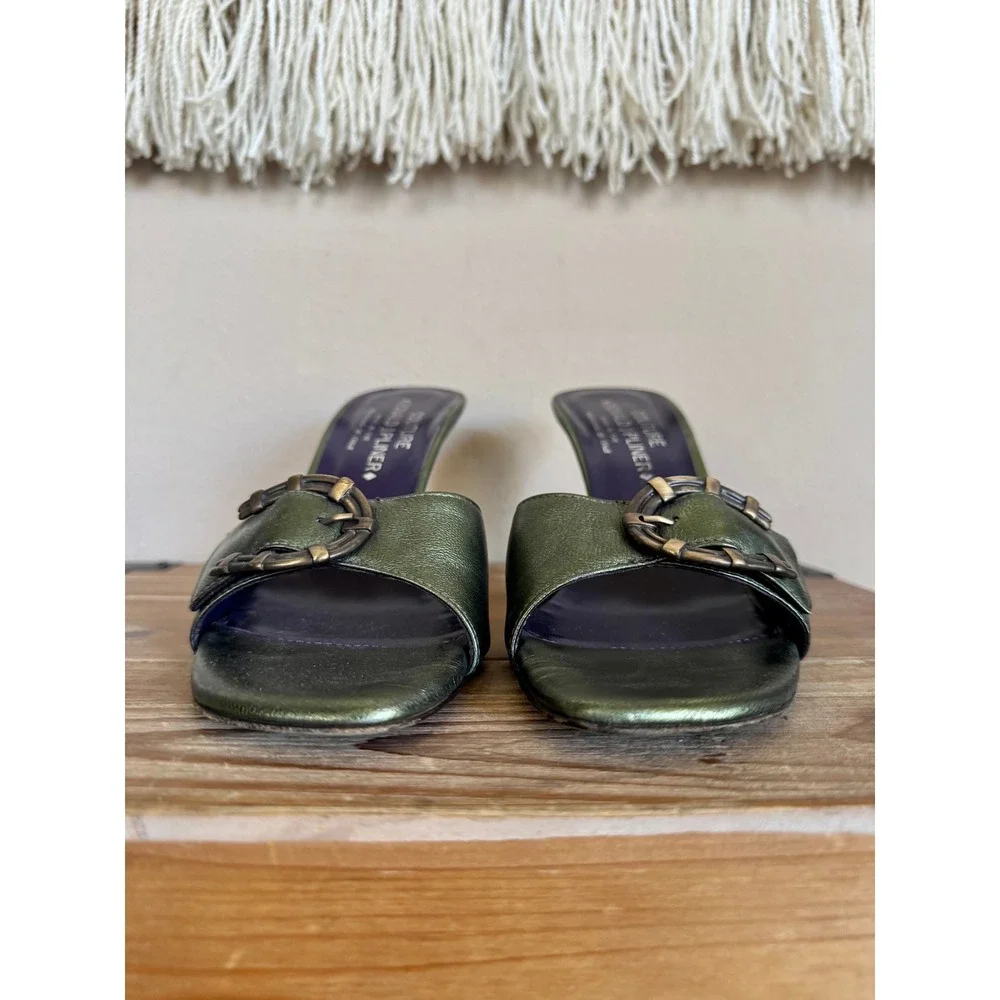 Vintage Couture DonaldJ. Pliner Green Leather Brass Buckle Slide Heels  Size 8.5